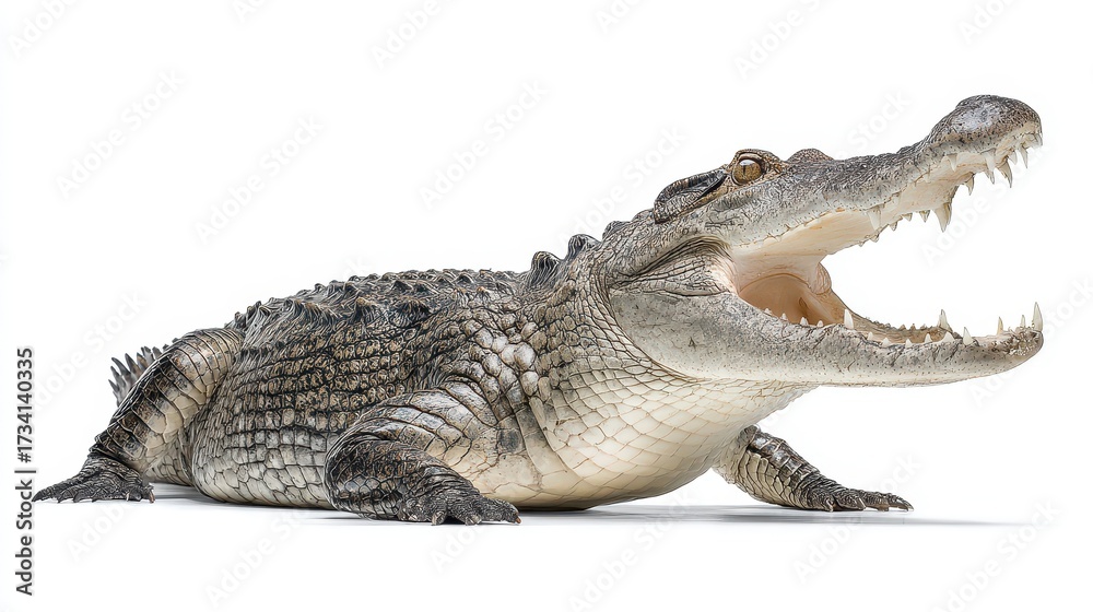 Naklejka premium Majestic Alligator with Mouth Agape Isolated Against a White Backdrop