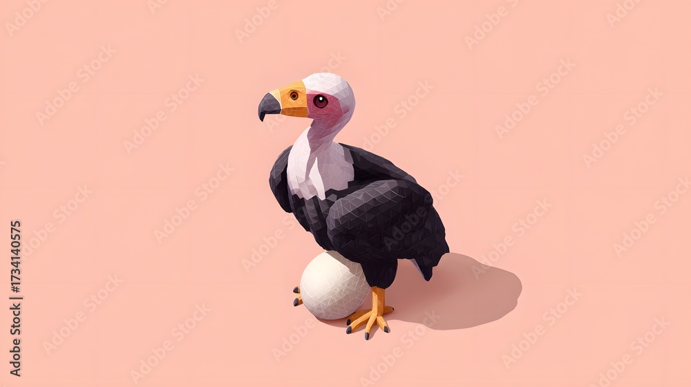 Fototapeta premium Colorful Low-Poly Vulture Sculpture with Egg on Pink Background