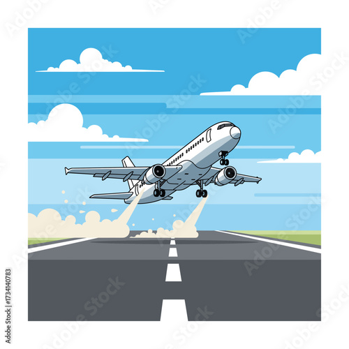 Airplane Taking Off:  Cartoon Style,  Uplifting Travel Illustration,  Blue Sky Background.