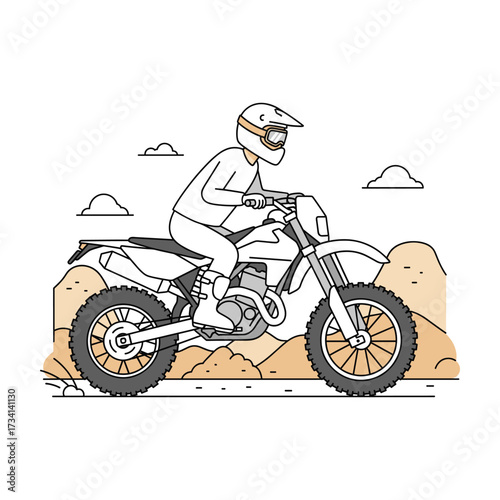 Line art illustration of motocross rider speeding across desert landscape.