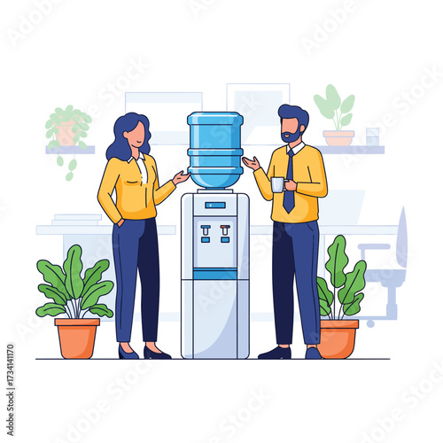 Modern Office Colleagues Casual Conversation by Water Cooler, Flat Design Illustration