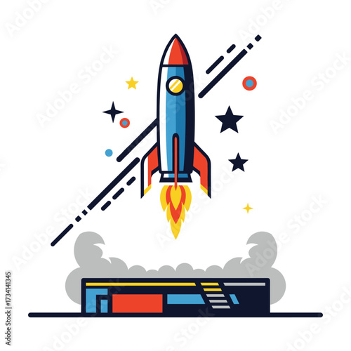 Retro Rocket Launch:  Modern Flat Design, Upbeat Startup Success Illustration
