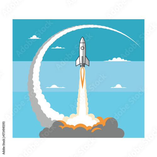 Rocket Launch:  Upward Trajectory,  Clean Minimalist Style,  Optimistic Blue Sky Background.