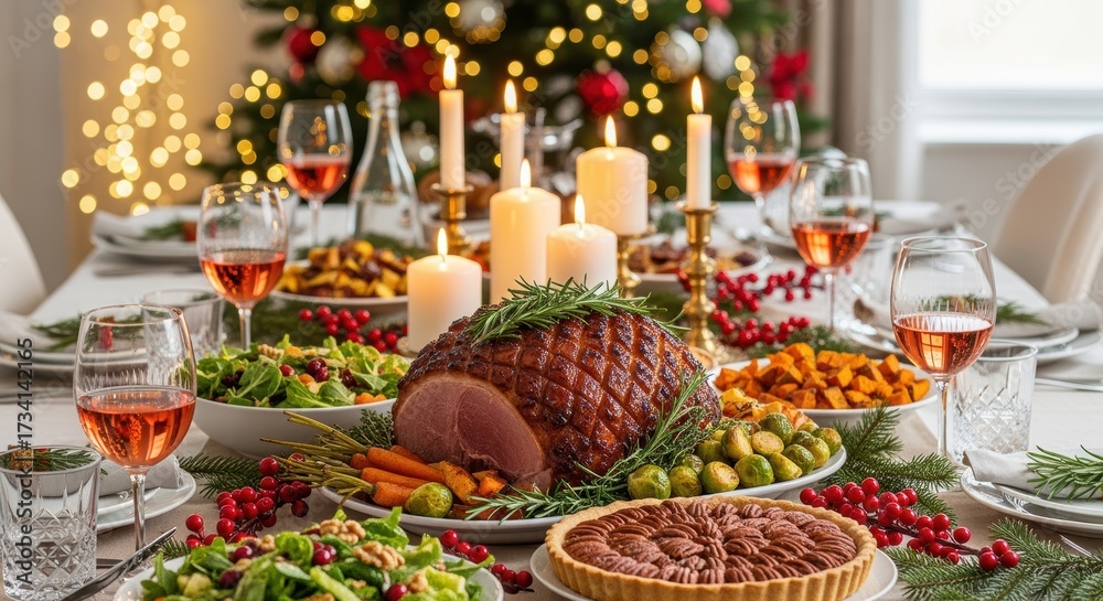 Fototapeta premium Elegant Christmas dinner table with glazed roasted ham, pecan tart, and seasonal vegetables. Wine glasses with rosé, lit candles, and festive decorations create warm holiday atmosphere.