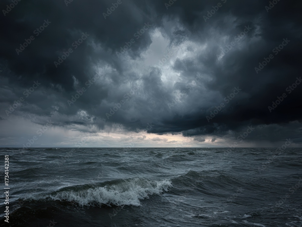 Fototapeta premium Gloomy Waters: A Dark Stormy Lake Under Dramatic Clouds and Heavy Rain