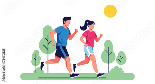 Running Couple in Park: Illustrative image of a fit couple jogging together in a serene park setting, promoting healthy habits and an active lifestyle.