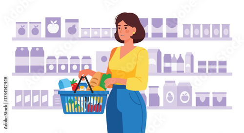 Grocery Shopping: A woman in the store carefully selects fresh groceries, filling her basket with a variety of healthy food items.