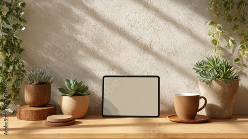 Charming Indoor Plants and Blank Frame on Wooden Table