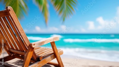 Wooden sunbed positioned on sandy beach, surrounded by palm leaves, with turquoise ocean waves gently lapping against the shore in bright sunlight. Summer travel season