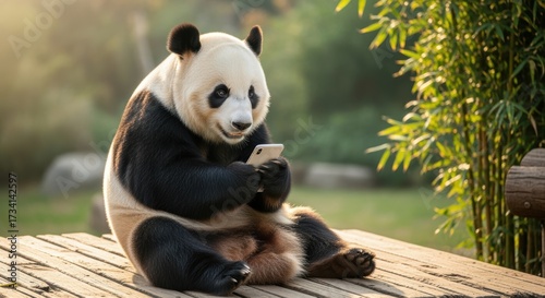 Giant panda sitting on wooden platform while holding smartphone in its paws. The bear appears engaged with the device in natural outdoor setting with lush bamboo plants in background.