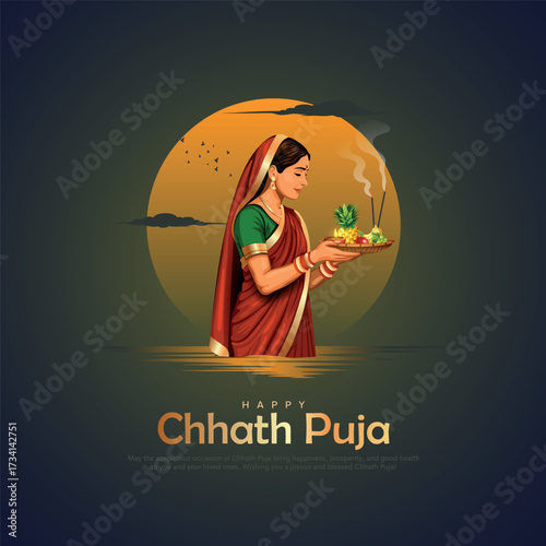Happy Chhath Puja holiday background celebrating traditional festival of India. Creative vector illustration.