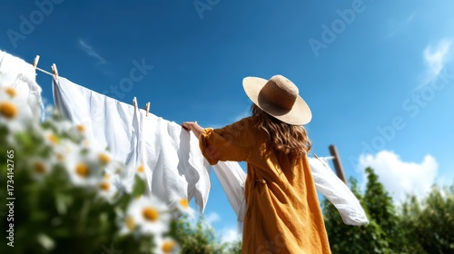 A woman dressed in a vibrant yellow dress hangs freshly washed clothes under a blue sky, enjoying the simple pleasure of a sunny day and the gentle touch of nature.