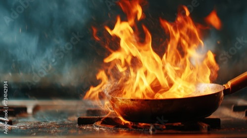 Wallpaper Mural Vivid flames erupt from a pan on a stove, creating an intense and dynamic cooking scene that conveys passion and energy in the culinary process, perfect for cooking enthusiasts. Torontodigital.ca
