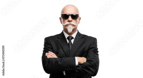 A mature, bald businessman with a white beard and mustache stands in a formal black suit, wearing sunglasses and with his arms crossed, projecting an authoritative and professional presence.