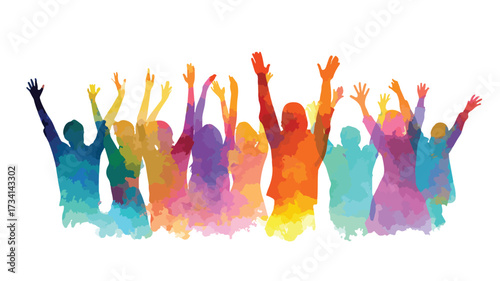 Dynamic People Celebration Group with Raised Arms in Colorful Scene