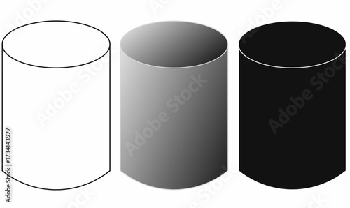 Set of circular cylinder vector icon, 3D shape outline, gradient, and silhouette, useful for math, geometry, design, infographic, and education illustrations