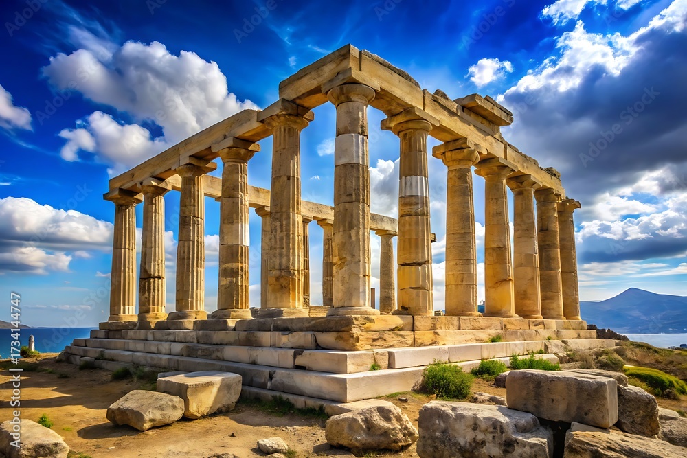 Fototapeta premium Ancient Greek Temple Ruins on a Hilltop Overlooking the Sea