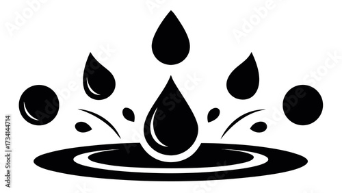 Multiple water drops creating ripples and splashes