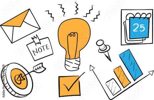 Hand-drawn productivity doodles creative sketch icons of lightbulb, target, calendar, note, envelope, graph, checkmark, and pushpin in a playful, colorful style
