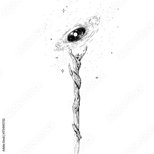 Illustration of a wooden staff holding a galaxy with stars on a white background in black and white