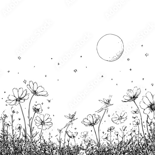 Line art of cosmos flowers with fairies under a moonlit sky filled with twinkling stars at night time