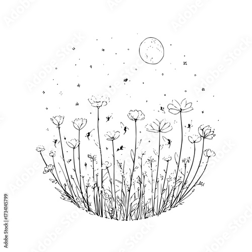 A whimsical illustration of wildflowers under a moonlit sky with scattered stars and flying insects
