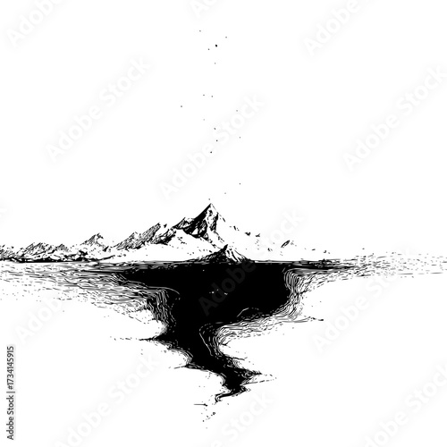 A monochrome landscape featuring snow capped mountains with a dark abyss in the foreground artwork