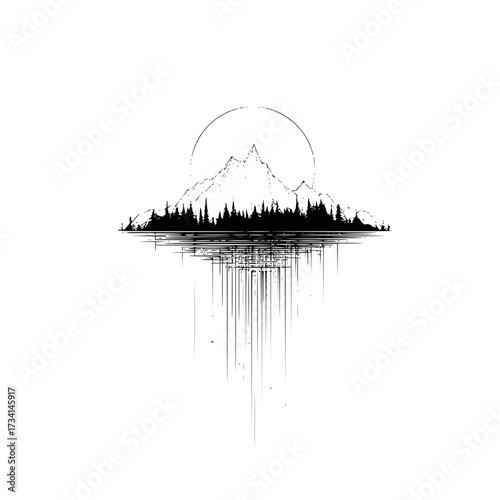 A monochrome image of a mountain range with trees and a reflection under a circular light source
