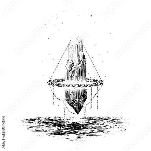 A monochrome illustration of a stone structure suspended over water by chains and thin lines design