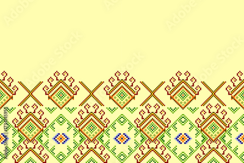 Ikat ethnic abstract geometric embroidery knitting element seamless on yellow background pattern. Native decorative design for fabric, fashion, texture, wallpaper, border, line, lace, decoration