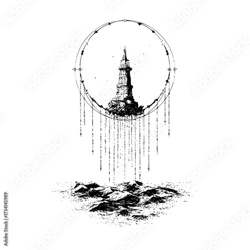 A lighthouse perched above the ocean waves enclosed within a decorative circular frame with hanging lines