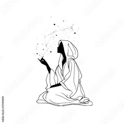 Silhouette of a hooded figure kneeling with hand raised towards a constellation in black and white design