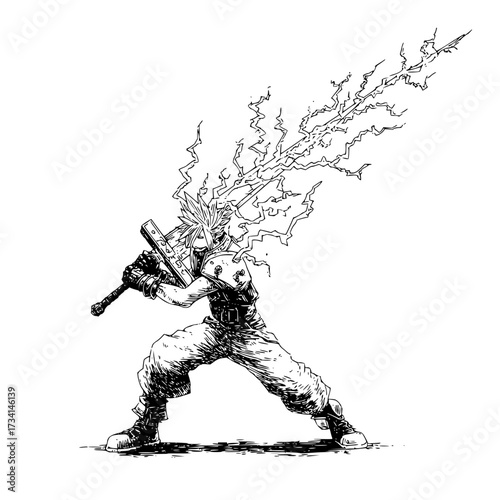 Illustration of a spiky haired character wielding a large sword with lightning effects in black and white