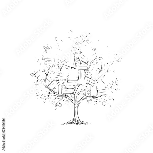 Illustration of a tree with books as leaves in black and white sketch style on a white background
