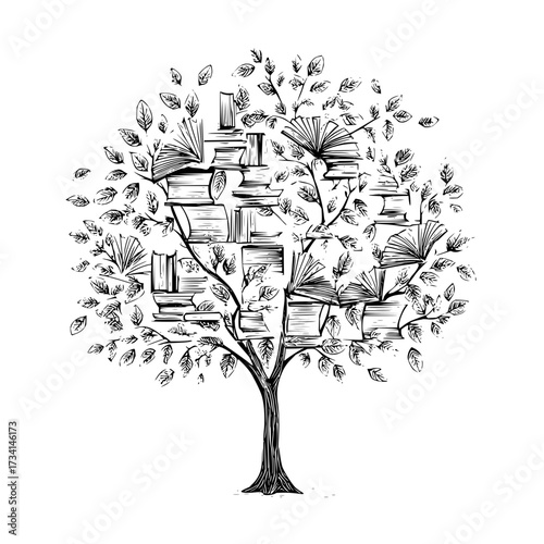 Illustration of a tree with branches holding books instead of leaves in a black and white sketch style