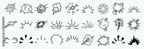 Line speed cartoon effect, comic smoke motion line element set. Comic boom motion, explosive energy, line speed cartoon vector icon. Hand drawn sketch doodle action effect. Vector illustratio