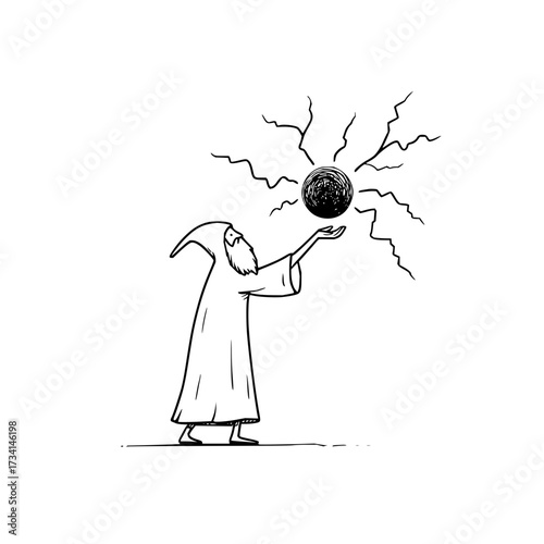 A wizard in a robe with a pointed hat is holding a dark orb emitting lightning bolts in a line drawing