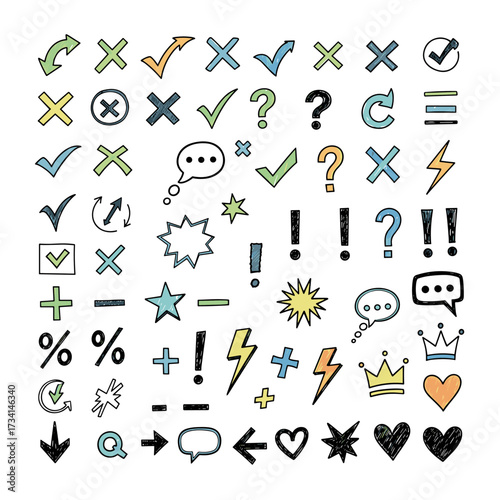 A collection of hand drawn icons and symbols representing various actions and concepts.