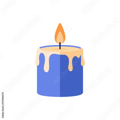 A blue candle with melted wax dripping down its sides and a bright flame burning at the top.