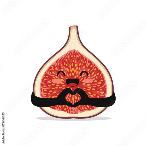 A cute fig with a mustache forming a heart with its hands making a loving gesture.