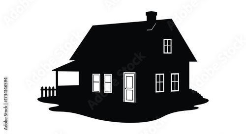 Simple black house illustration with a chimney and a front porch silhouette