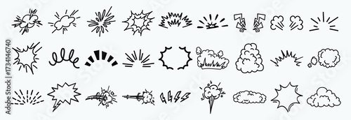 Line speed cartoon effect, comic smoke motion line element set. Comic boom motion, explosive energy, line speed cartoon vector icon. Hand drawn sketch doodle action effect. Vector illustratio