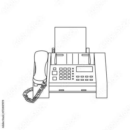 Outline vector of a 1990s fax machine with handset and paper, minimal line drawing of vintage office technology.