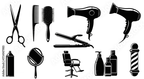 Black Silhouette Icons of Hair Salon Tools and Accessories
