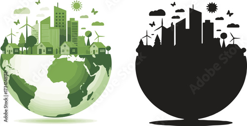 Earth with green city and silhouette of city skyline