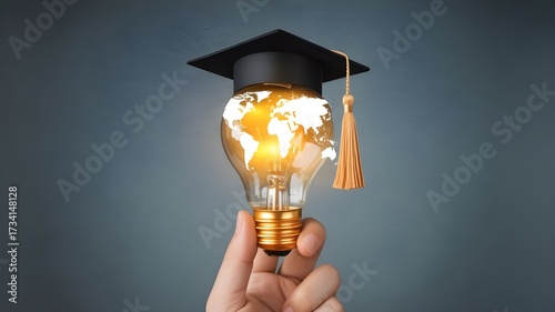 Innovative learning, creative educational study concept for graduation and school student success with world lightbulb on teacher chalkboard