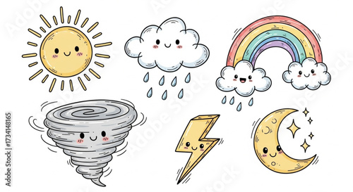 Cute Cartoon Weather Character Set - Hand Drawn Doodle Style