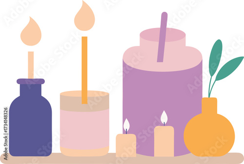 Pastel aromatherapy candles and essential oils vector illustration for wellness and spa design