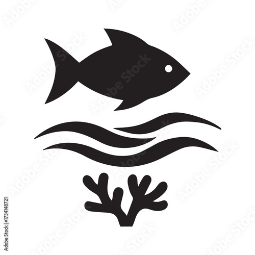 Simple silhouetted fish swimming above underwater waves and coral reef symbolizing ocean life nature aquatic ecosystem marine biology and seafood silhouette