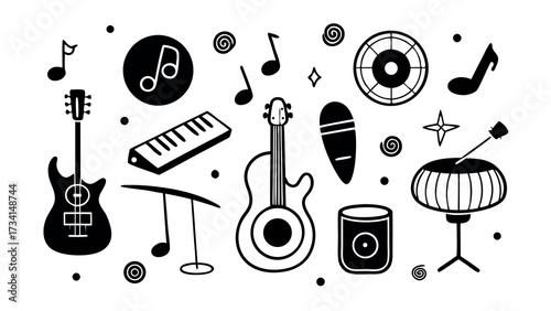 Doodle style music icons with bass and drum elements